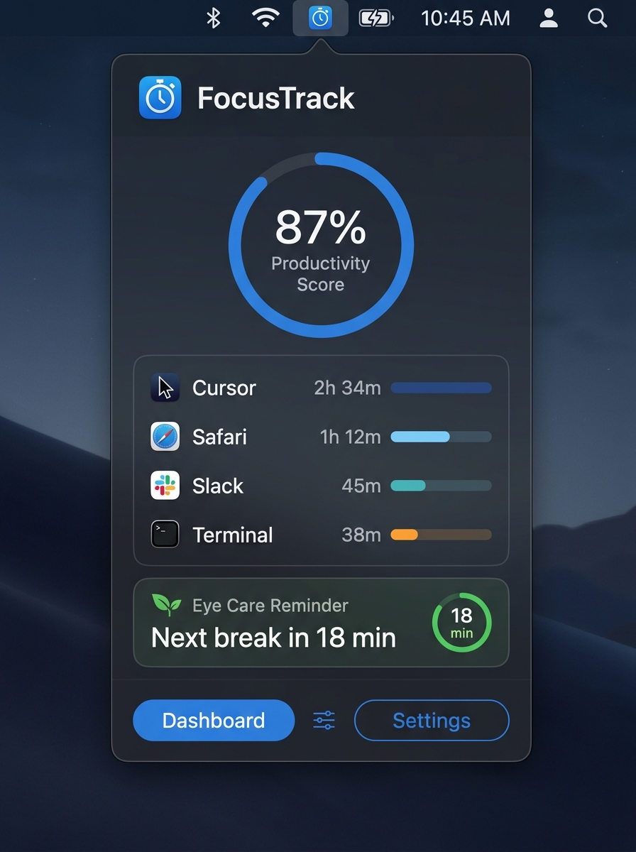 FocusTrack macOS menu bar app showing productivity score, app usage breakdown, and eye care timer